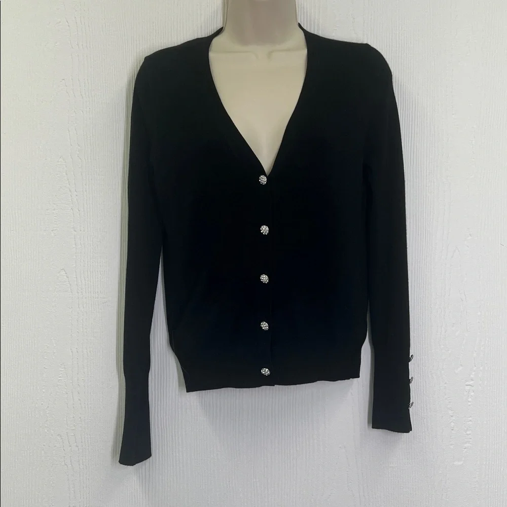 Zara - Black V Neck Lightweight Rhinestone Buttons Long Sleeve Cardigan Small